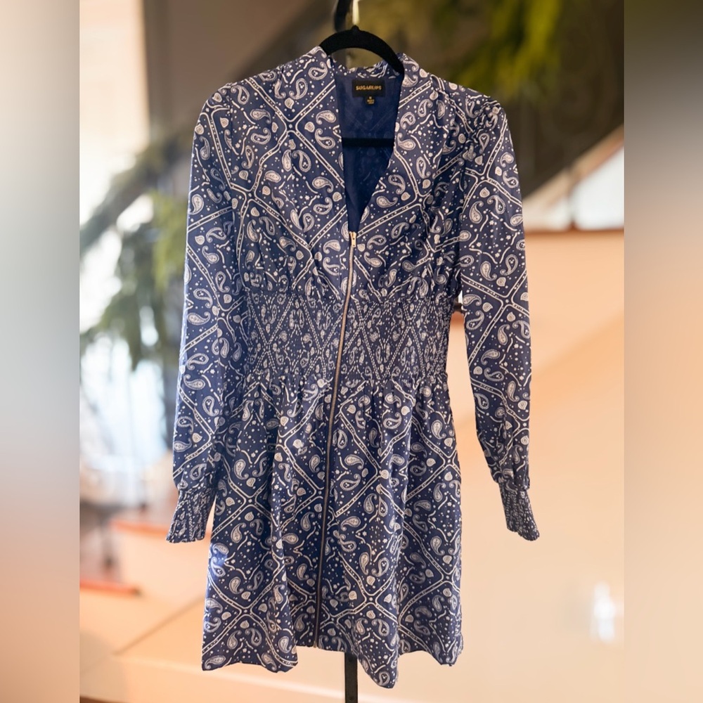 💙 Sugarlips Blue Paisley Smocked Waist Long Sleeve Mini Dress